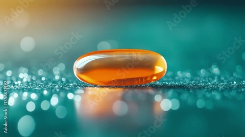 lose-up of an orange vitamin D capsule on a shimmering surface