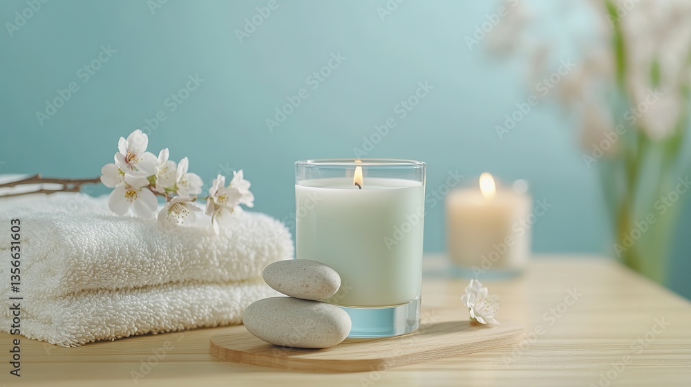 Serene spa scene with burning candle, smooth stones, white towels, and delicate blossoms. Perfect for wellness, relaxation, and beauty concepts. Serene spa scene with burning candle, smooth stones, white towels, and delicate blossoms. Perfect for wellness, relaxation, and beauty concepts.