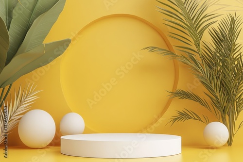 Yellow backdrop with white podium and tropical plants