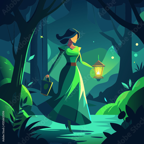 AI Generated forest adventure illustration featuring person in green dress with lantern walking through glowing night woods surrounded by fireflies perfect for fantasy, mystery, and fairytale visuals