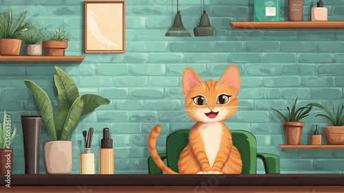 Charming animated orange cat sitting in a cozy room with plants and decor