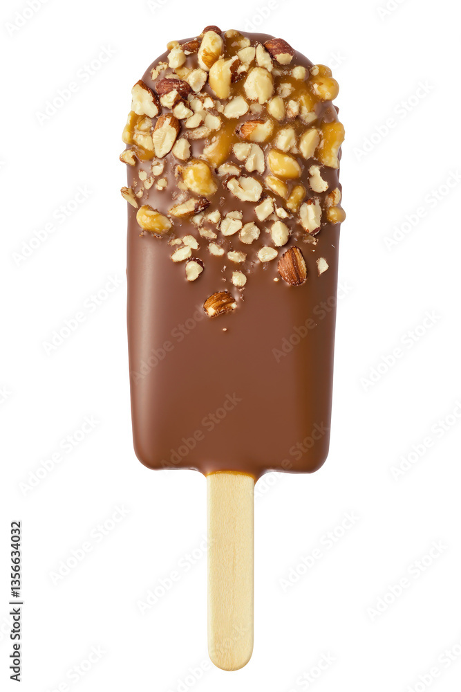 Chocolate-covered ice cream bar with nuts on a stick Chocolate-covered ice cream bar with nuts on a stick