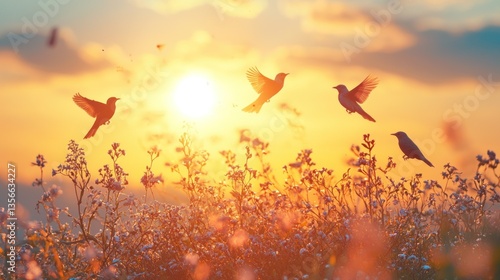 Birds flying at sunset over wildflowers
