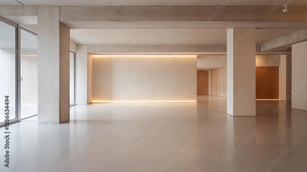 Obraz premium Empty room with a large window on the left side and a wooden door on the right side. the room has a concrete floor and walls, and the ceiling is made of concrete.