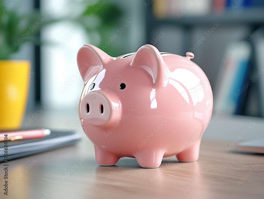 A pink piggy bank placed on a desk. Generative AI A pink piggy bank placed on a desk. Generative AI