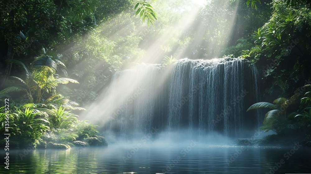 Majestic Waterfall Cascading Through Lush Jungle Surrounded by Sunlight Creating a Serene Atmosphere Majestic Waterfall Cascading Through Lush Jungle Surrounded by Sunlight Creating a Serene Atmosphere