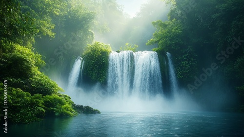 Majestic Waterfall Cascading through Lush Jungle Surrounded by Vibrant Greenery and Tropical Flora