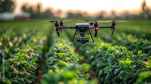 Drone Capturing Aerial View Of Vibrant Green Crops In A Rural Field During Golden Hour