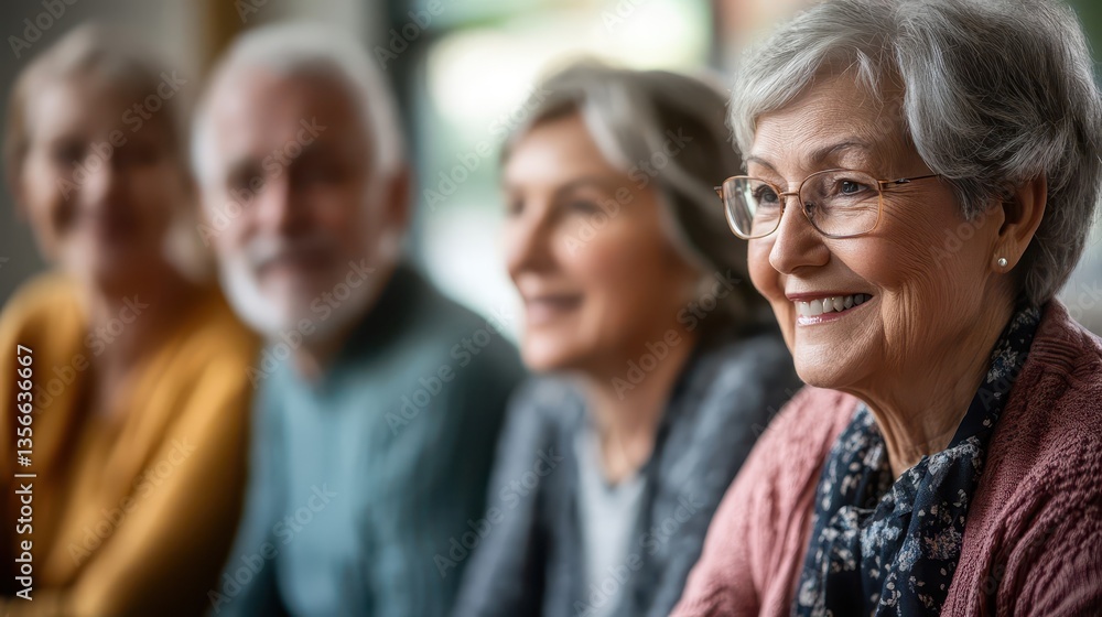 A group of smiling senior citizens gather indoors together A group of smiling senior citizens gather indoors together