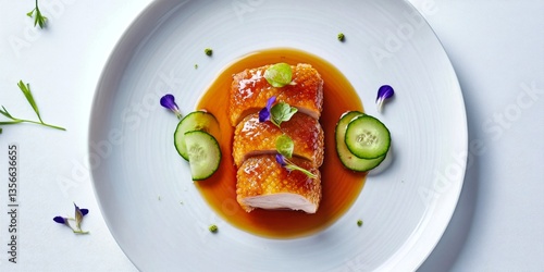 A beautifully plated piece of fish is topped with vibrant sauce and garnished with fresh herbs. This artistic food presentation showcases culinary creativity and elegance. 