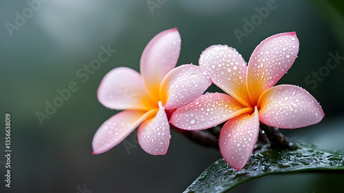 Closeup of Two Pink Plumeria Flowers with Dew Drops