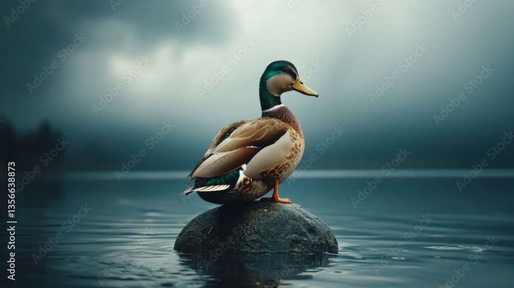 Fototapeta premium Birds and animals in wildlife concept. Stunning mallard duck bird portrait stay on stone, duck on river blue water at sunny landscape. Perspective of funny female duck bird and dark lake background.