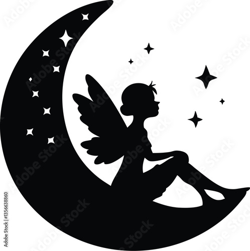 Fairy on Moon Silhouette, Fantasy, Magical, Night, Dreamy, Whimsical Icon

