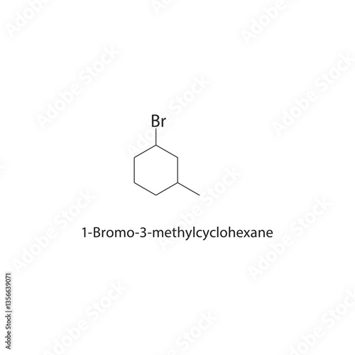 1-Bromo-3-methylcyclohexane skeletal structure. Cycloalkyl bromide compound schematic illustration. Simple diagram, chemical formula.