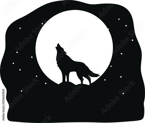 Howling Wolf Silhouette with Moon, Night, Wild, Nature, Mystical Icon

