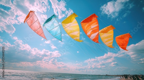 Colorful kites soar above beach under sunny sky