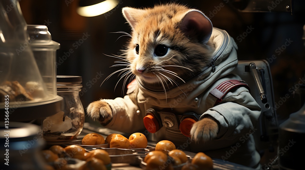 Obraz premium A Kitten Astronaut's Culinary Experiment