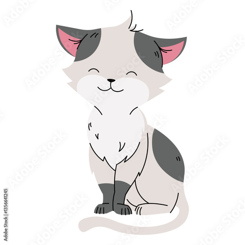 Cute gray spotted cat in flat cartoon style. Favorite pet on white background. Vector illustration for cards, stickers, banners, etc.