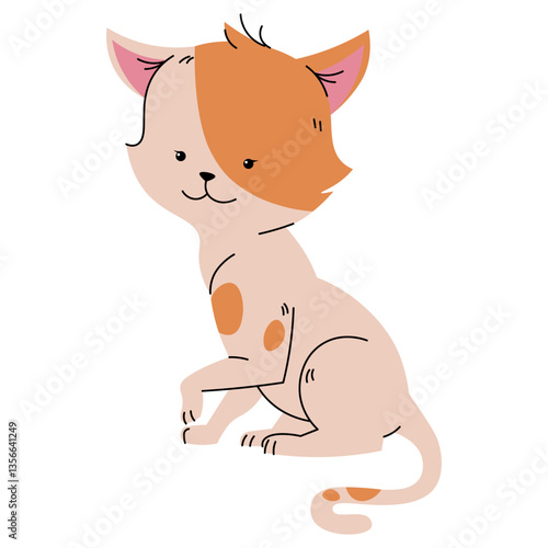 Cute ginger spotted cat in flat cartoon style. Favorite pet on white background. Vector illustration for cards, stickers, banners, etc.