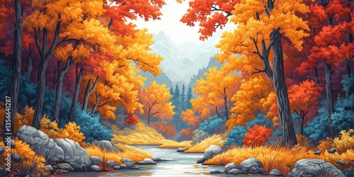 Fototapeta Naklejka Na Ścianę i Meble -  Vibrant autumn forest landscape with colorful foliage and serene river