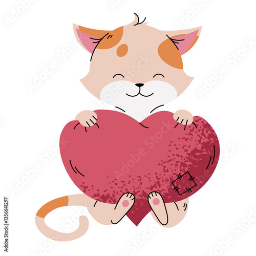 Cute ginger spotted cat with soft heart in flat cartoon style. Favorite pet on white background. Valentine's day vector illustration for cards, stickers, banners, etc.