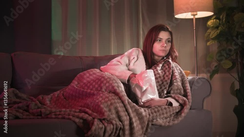 Wallpaper Mural beautiful red-haired woman switching tv channels, eating potato chips Torontodigital.ca