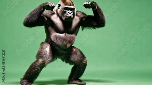Powerful Gorilla in a Boxing Pose Against a Green Screen