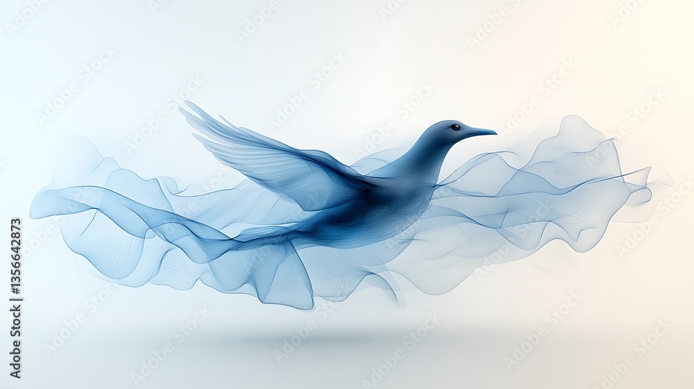Naklejka premium Graceful bird soaring through wispy fabrics abstract art soft colors dreamy nature