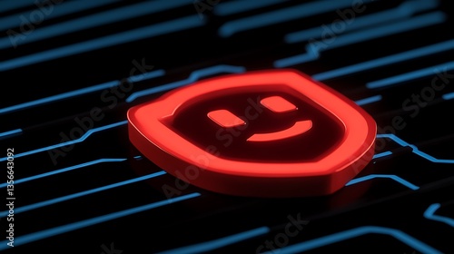 Bright Red Smiley Icon with Neon Blue Circuit Design on Dark Background for Technology or Social Media Themes