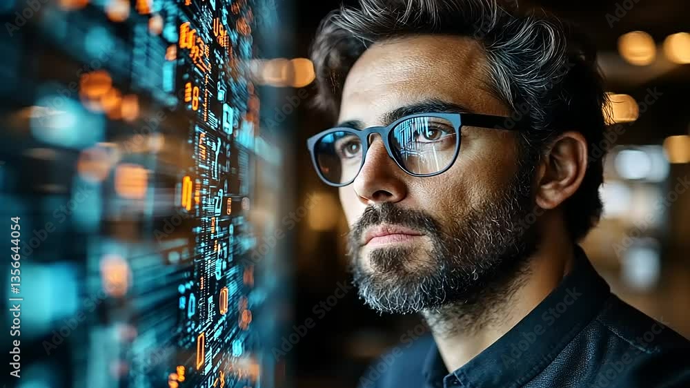 Focused man with glasses analyzing digital data on a screen in a modern office environment Focused man with glasses analyzing digital data on a screen in a modern office environment
