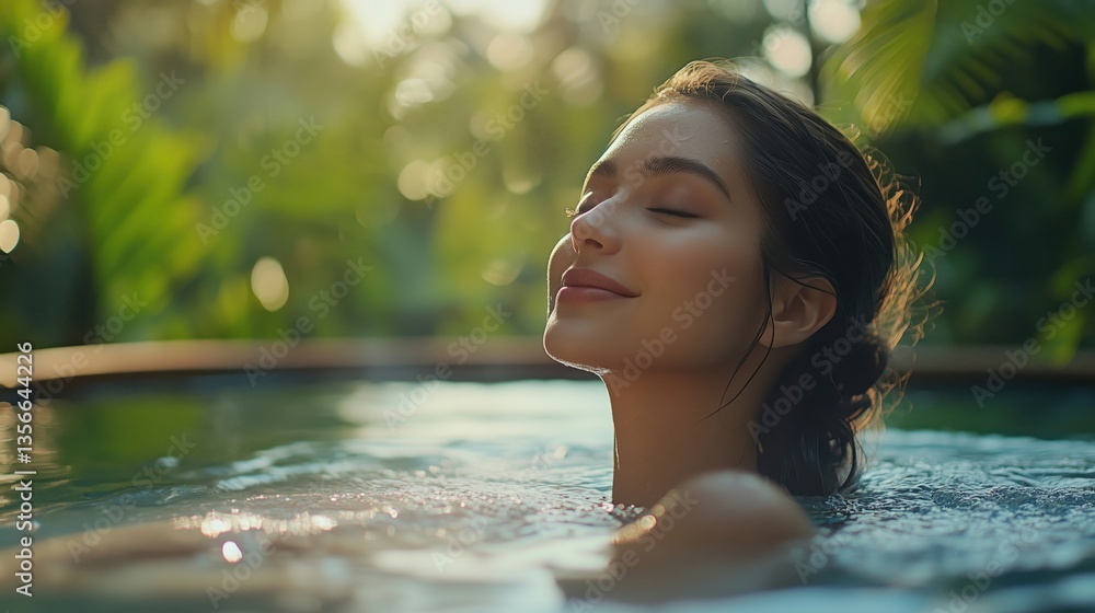 Fototapeta premium Relaxing woman enjoying serene moment in tranquil spa water surrounded by lush greenery