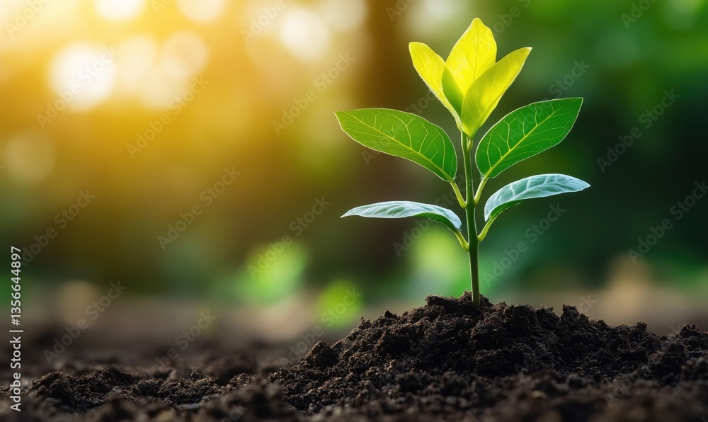 Young plant sprouting from soil in sunlight, symbolizing growth and renewal Young plant sprouting from soil in sunlight, symbolizing growth and renewal