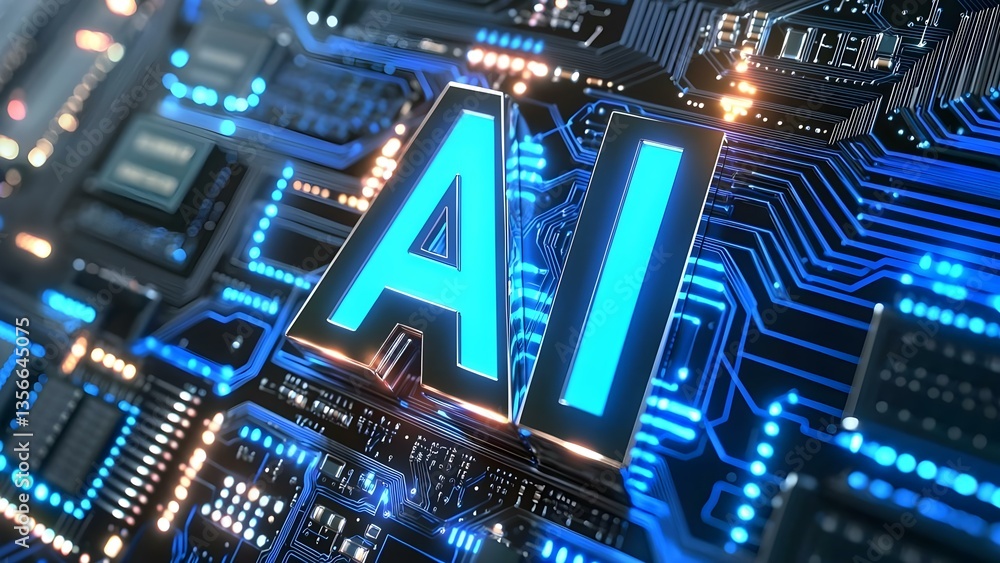 Fototapeta premium The image features the letters AI in a futuristic, illuminated style, set against a backdrop of circuit board-like graphics. Concept Futuristic Typography, Illuminated Design, Circuit Board Motif