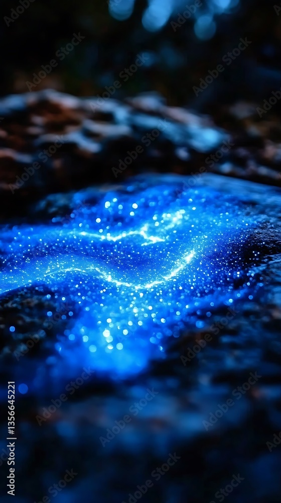 A glowing blue formation appears on the rock surface at night A glowing blue formation appears on the rock surface at night