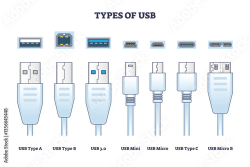 USB types diagram shows connectors like Type A, Type B, and USB-C. Outline diagram.
