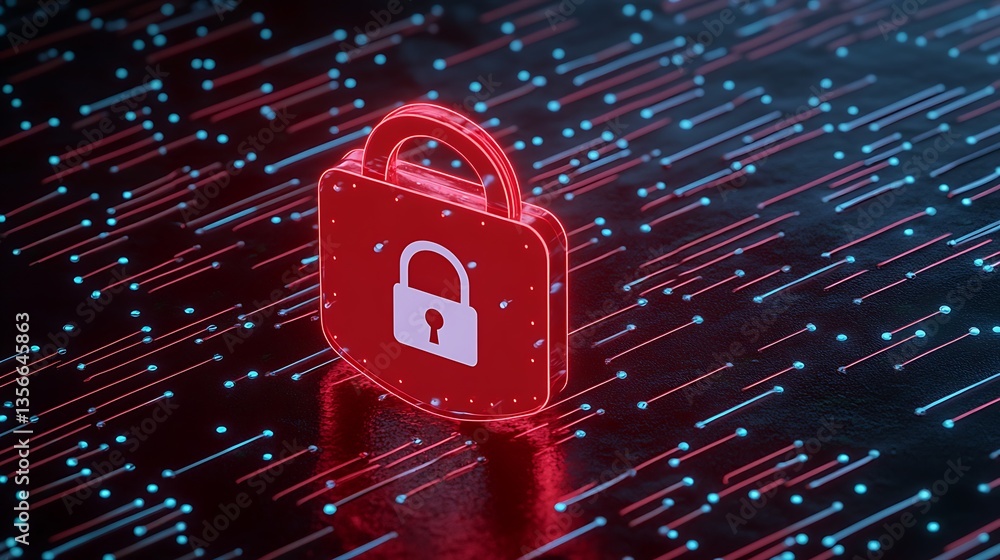 Digital Lock Symbol Illuminated with Red Light on Abstract Background of Blue and Red Data Streams