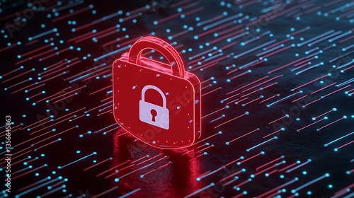 Obraz na płótnie Digital Lock Symbol Illuminated with Red Light on Abstract Background of Blue and Red Data Streams w salonie