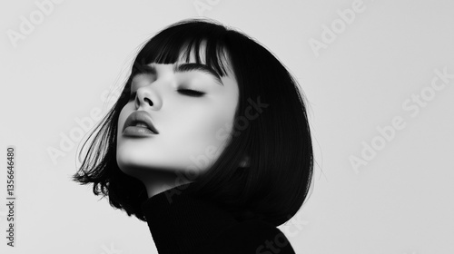 Black and white portrait of a young woman with her eyes closed. she has shoulder-length bob hair with bangs that fall over her shoulders. her hair is styled in loose waves and falls over her chin.