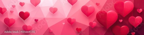 Abstract geometric background with heart shapes in shades of pink and red,  hearts,  red