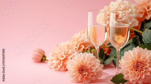 A springtime brunch setup features mimosas, a table adorned with flowers, and various decorations, while a summer breakfast scene showcases champagne set against a studio backdrop of a flower garden