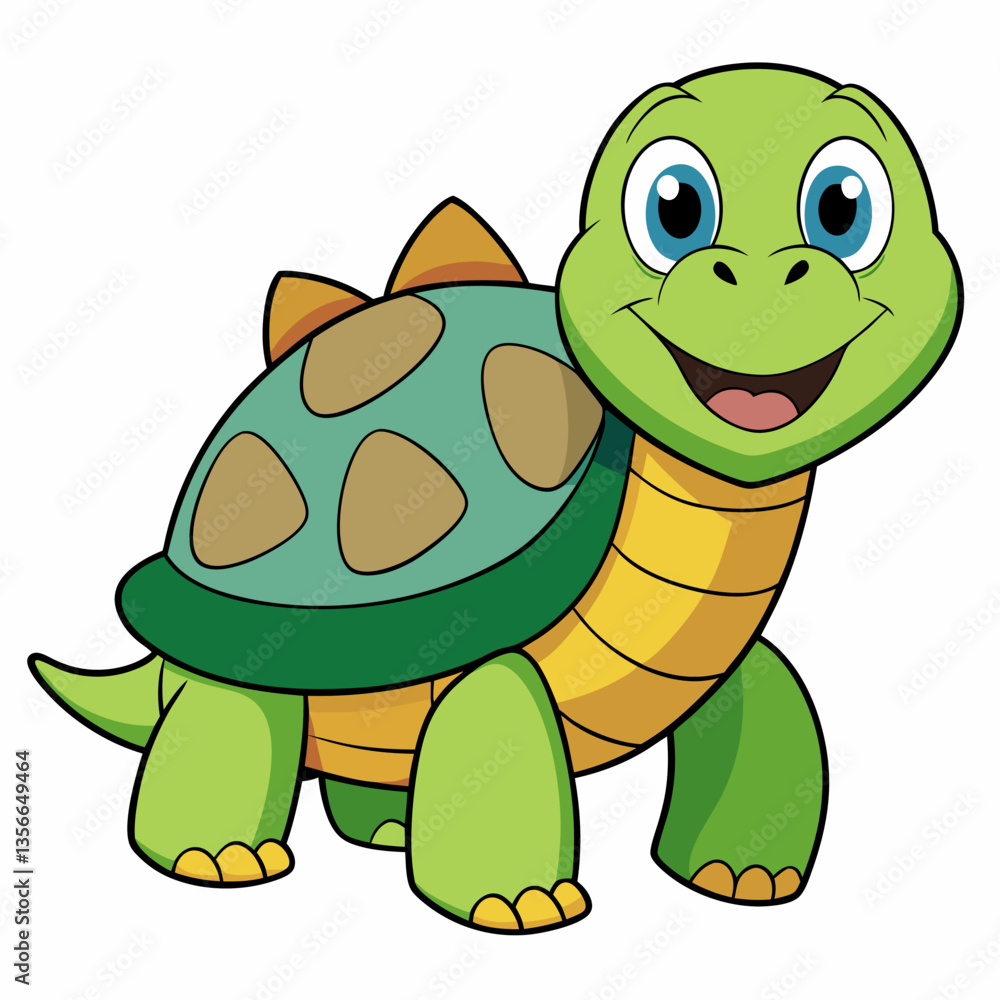 Fototapeta premium Smiling Turtle: A cheerful cartoon turtle with a vibrant green shell and a happy expression, creating a playful and friendly scene.