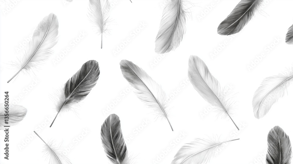Seamless pattern of multiple black and white feathers on a white background. the feathers are arranged in a repeating pattern, with each feather slightly overlapping the one below it. Seamless pattern of multiple black and white feathers on a white background. the feathers are arranged in a repeating pattern, with each feather slightly overlapping the one below it.