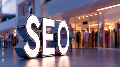 The image features large, illuminated letters spelling SEO, likely in a shopping or commercial setting. Concept Illuminated Letters, SEO Focus, Commercial Display, Engaging Visuals, Marketing Signage