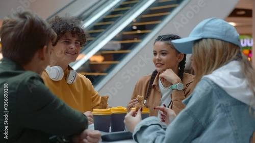 Happy relaxed teenage friends talking sitting in cafeteria of shopping mall