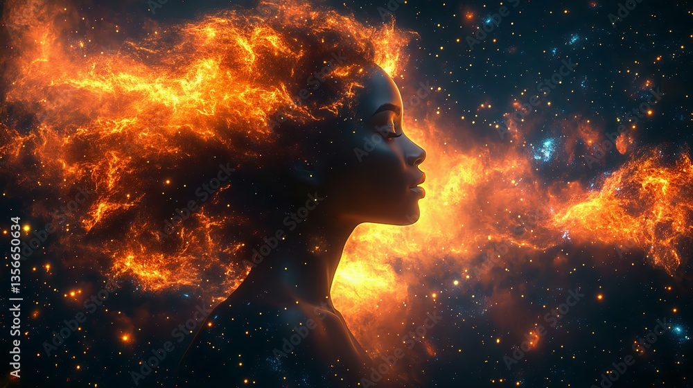 A mystical silhouette of a woman against a cosmic background, featuring vibrant flames and stars, symbolizing creativity and the universe. A mystical silhouette of a woman against a cosmic background, featuring vibrant flames and stars, symbolizing creativity and the universe.