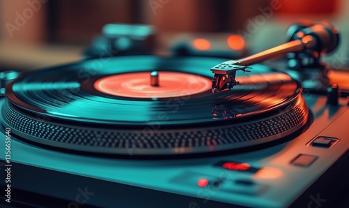 Vinyl record player spinning classic album in warm ambient lighting