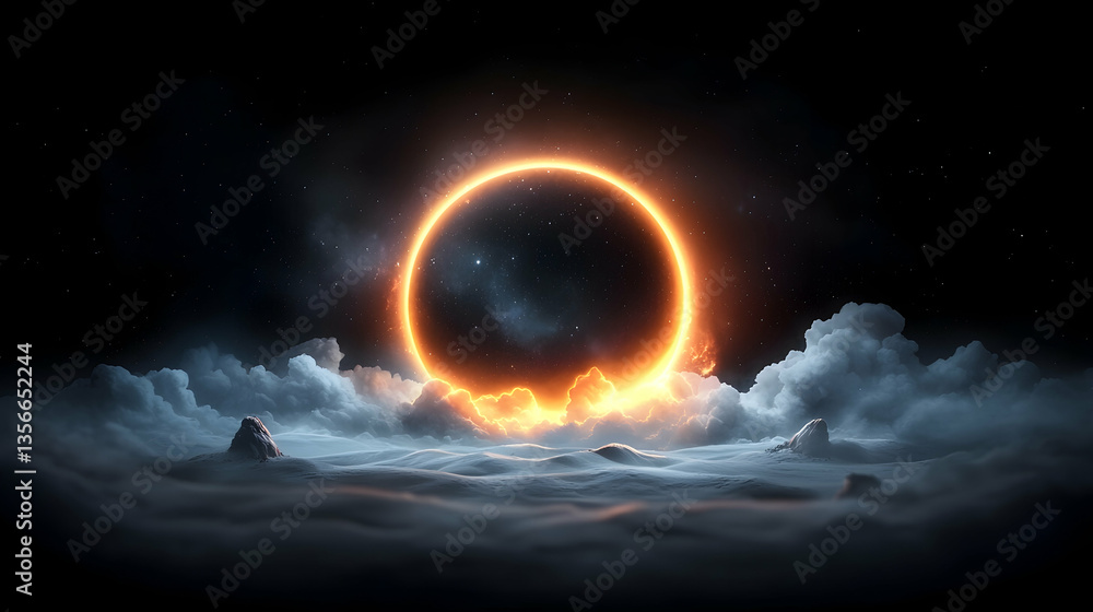 Obraz premium Fiery Ring Above Clouds and Mountains at Night