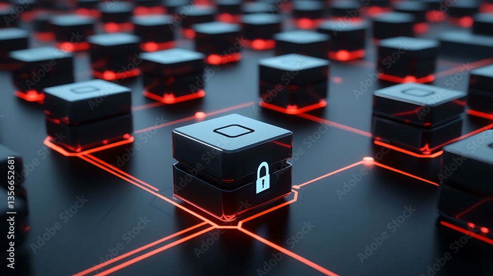 Digital Security Concepts with Network Nodes Highlighted by Red Lights and a Lock Icon on a Keyboard Key