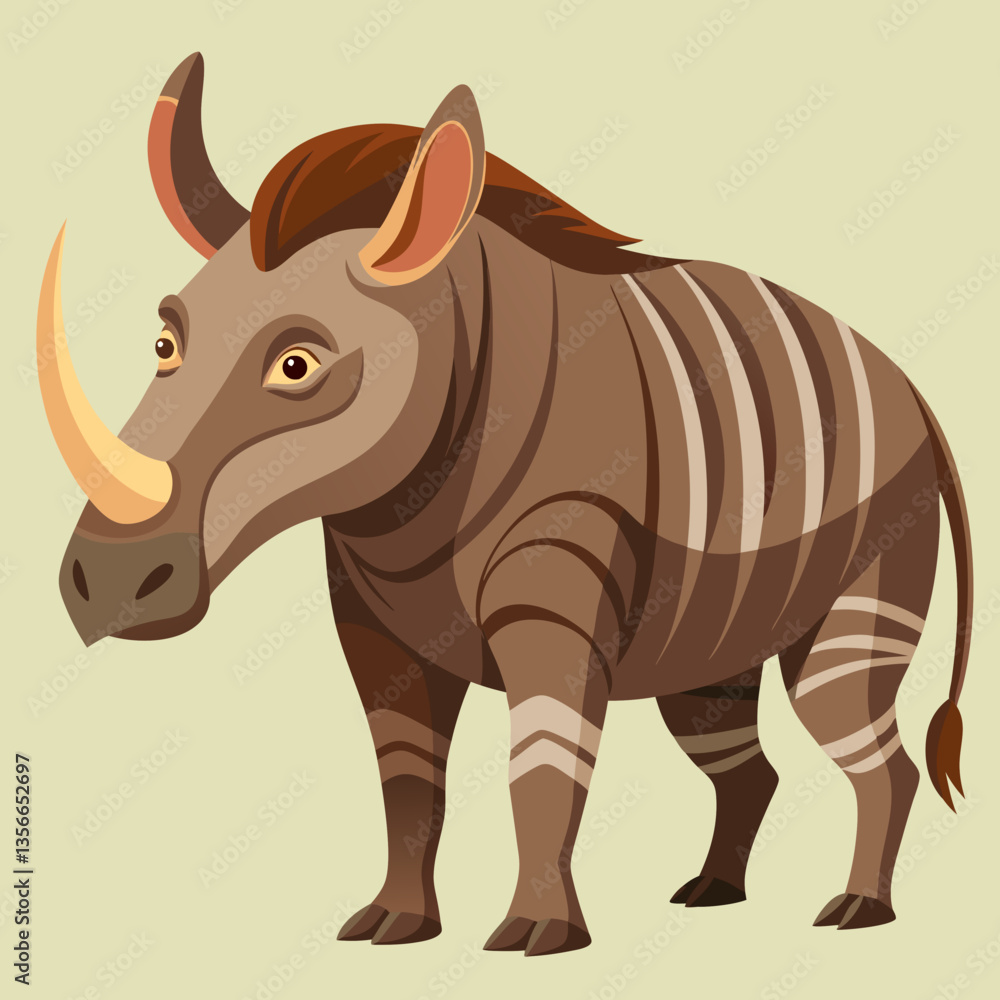 Fototapeta premium Prehistoric Rhinoceros: A stylized illustration of a massive, ancient rhinoceros with prominent horns, a striped body, and an inquisitive gaze, evoking a sense of a time long past.