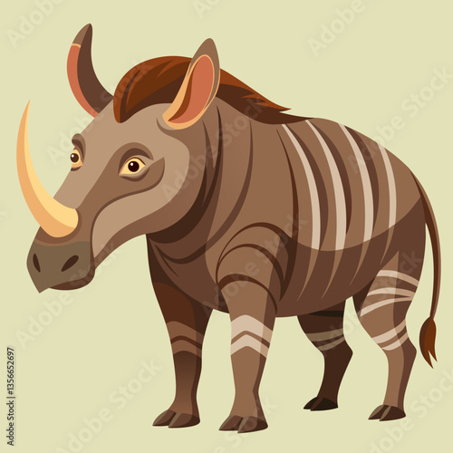 Prehistoric Rhinoceros: A stylized illustration of a massive, ancient rhinoceros with prominent horns, a striped body, and an inquisitive gaze, evoking a sense of a time long past.